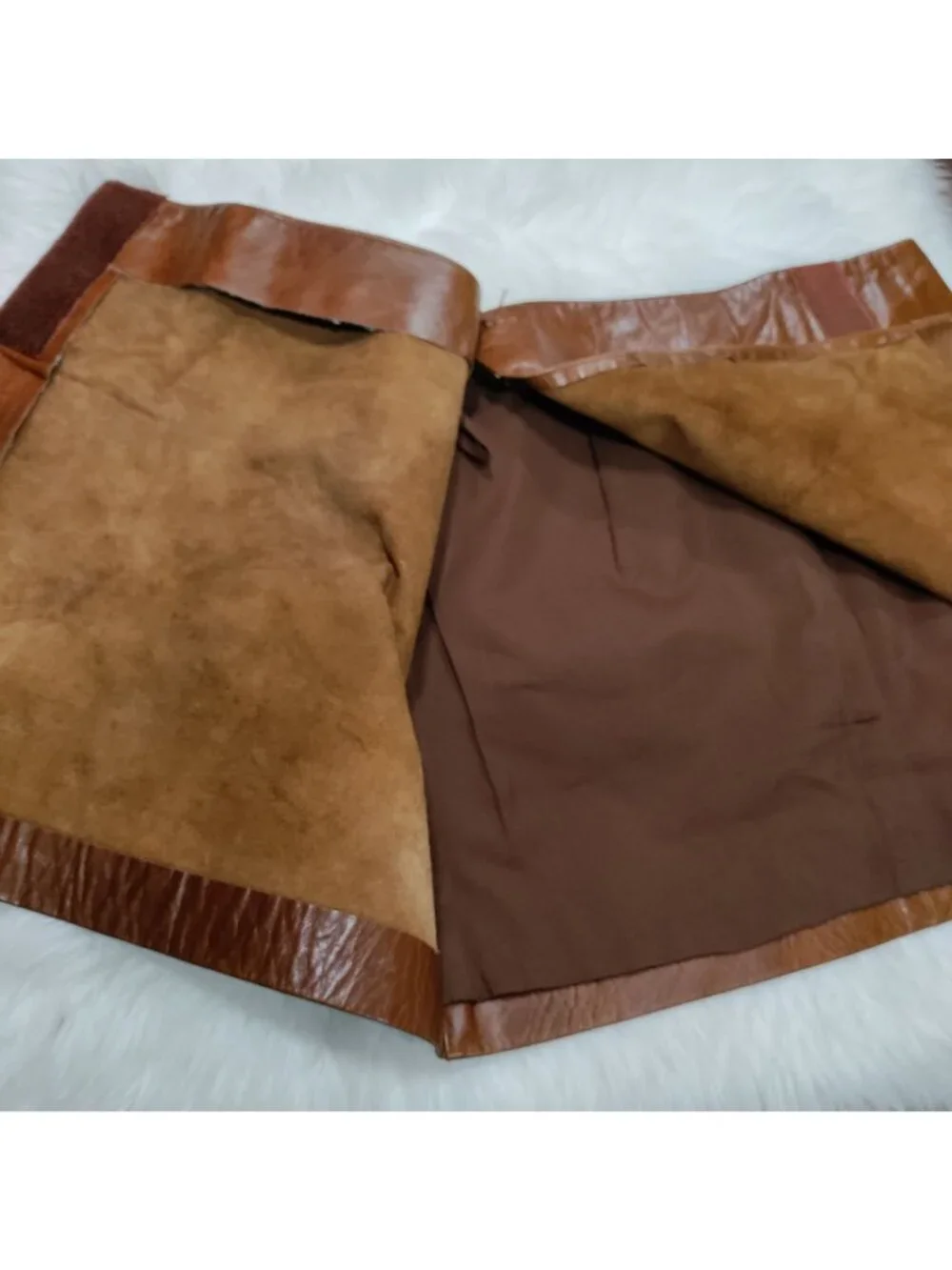 Hugo Buscati 100% Leather Antique 70s Style Brown A-Line Wrap Mini Skirt Size 6 - Picture 9 of 16